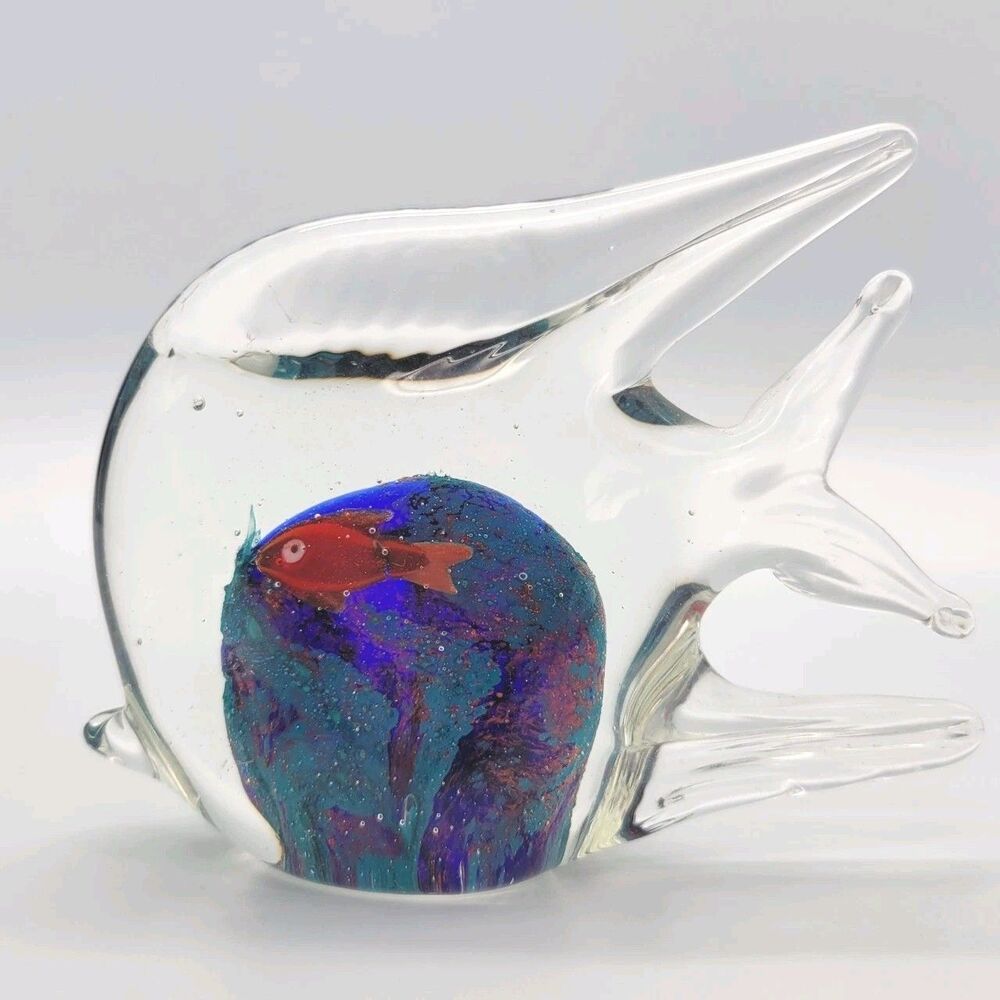 Murano Style Art Glass Fish Figurine Clear With Ocean/Fish  Paperweight Decor